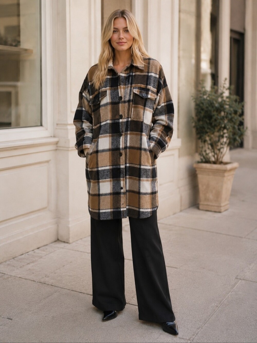 Plaid Long Shacket | Brown Black Tan Cream | Fall Layering Piece